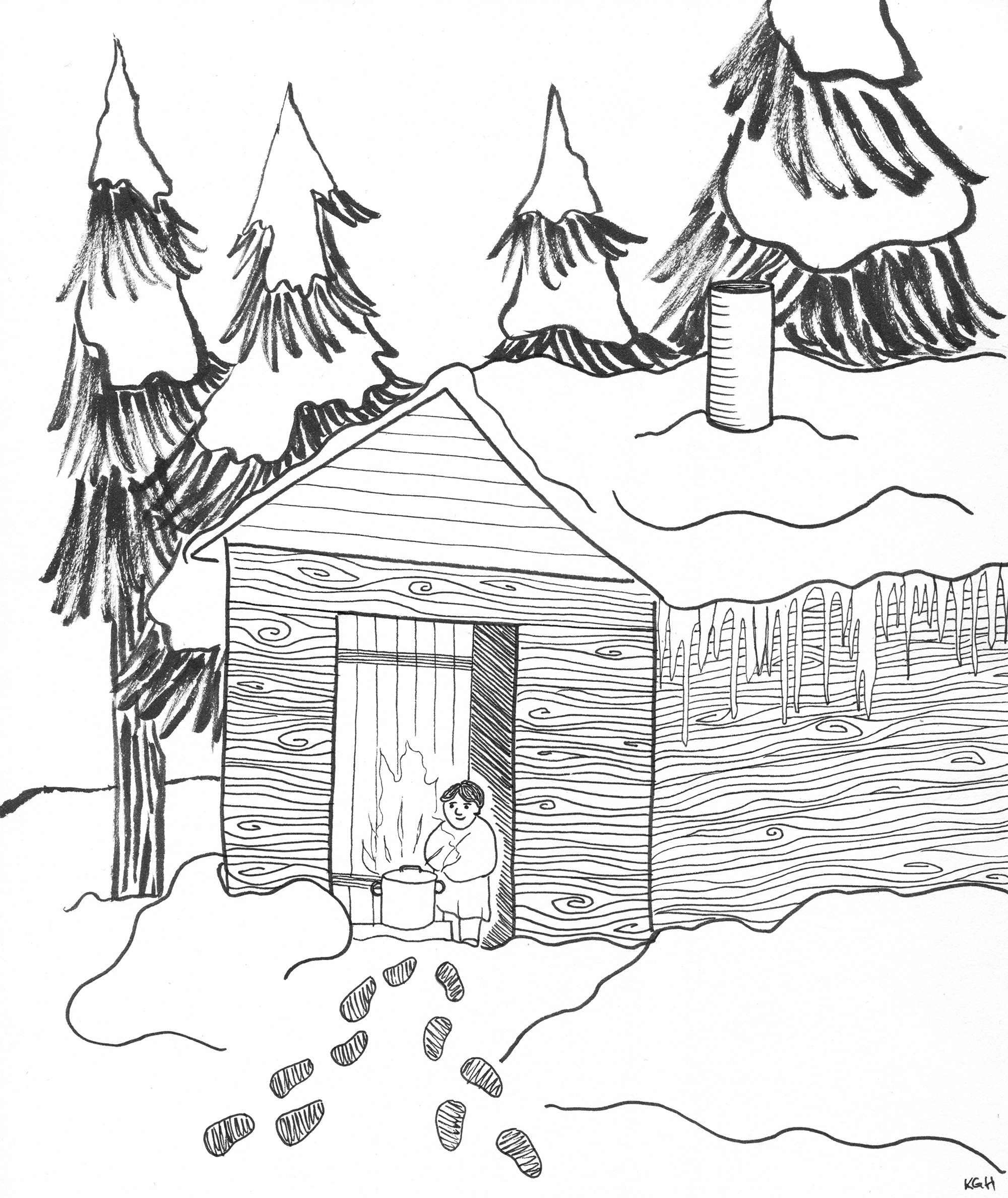 illustration of boy standing outside cabin in winter looking at a soup pot