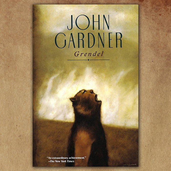 Cover of the book with a howling Grendel under a flaming yellow sky